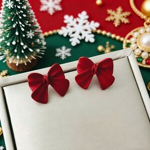 Red Matte Bow Stud Earrings Festive Holiday Christmas Gift